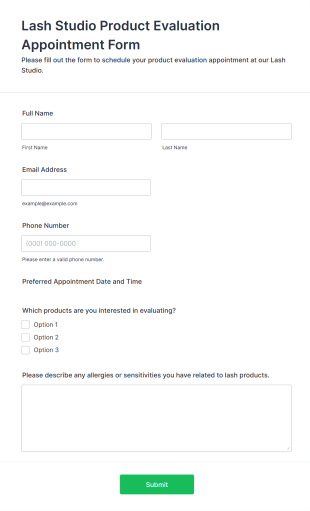 Lash Studio Product Evaluation Appointment Form Template