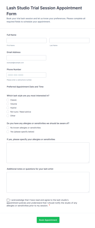Lash Studio Trial Session Appointment Form Template