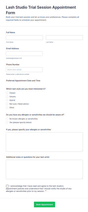 Lash Studio Trial Session Appointment Form Template