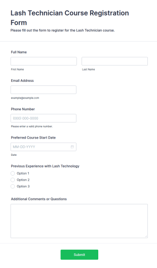 Lash Technician Course Registration Form Template