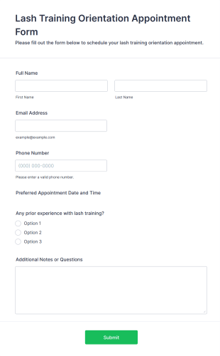 Lash Training Orientation Appointment Form Template