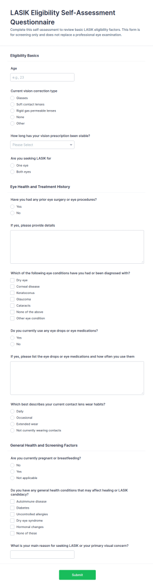 LASIK Eligibility Self Assessment Questionnaire Form Template