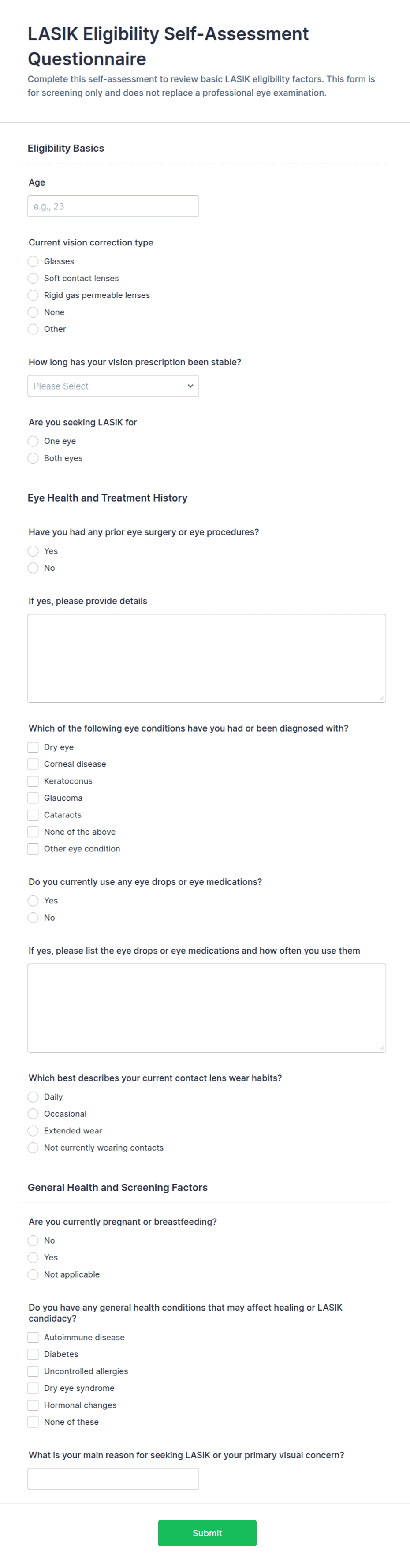 LASIK Eligibility Self-Assessment Questionnaire Form Template | Jotform