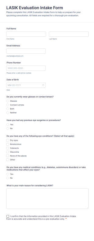 LASIK Evaluation Intake Form Template