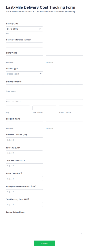 Last Mile Delivery Cost Tracking Form Template