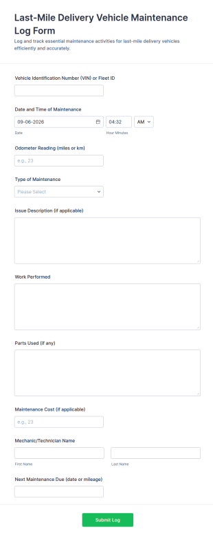 Last Mile Delivery Vehicle Maintenance Log Form Template
