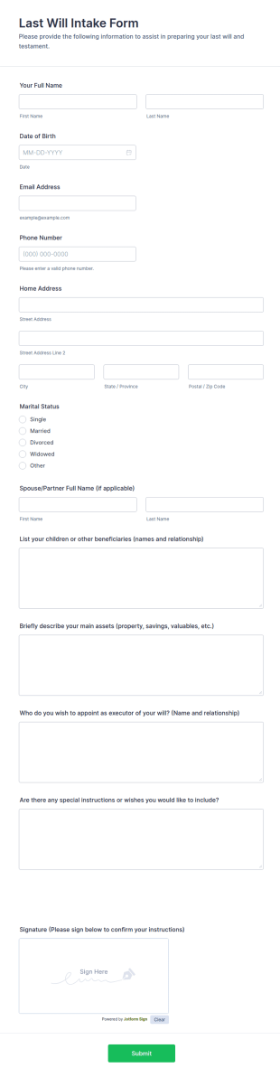 Last Will Intake Form Template