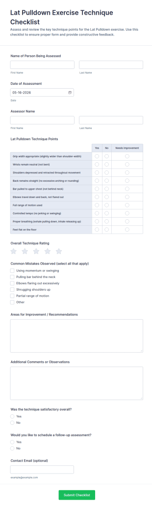 Lat Pulldown Exercise Technique Checklist Form Template