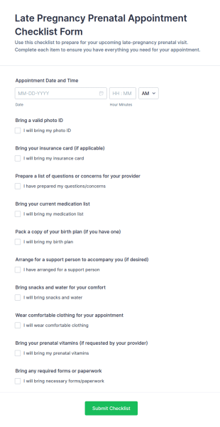 Late Pregnancy Prenatal Appointment Checklist Form Template