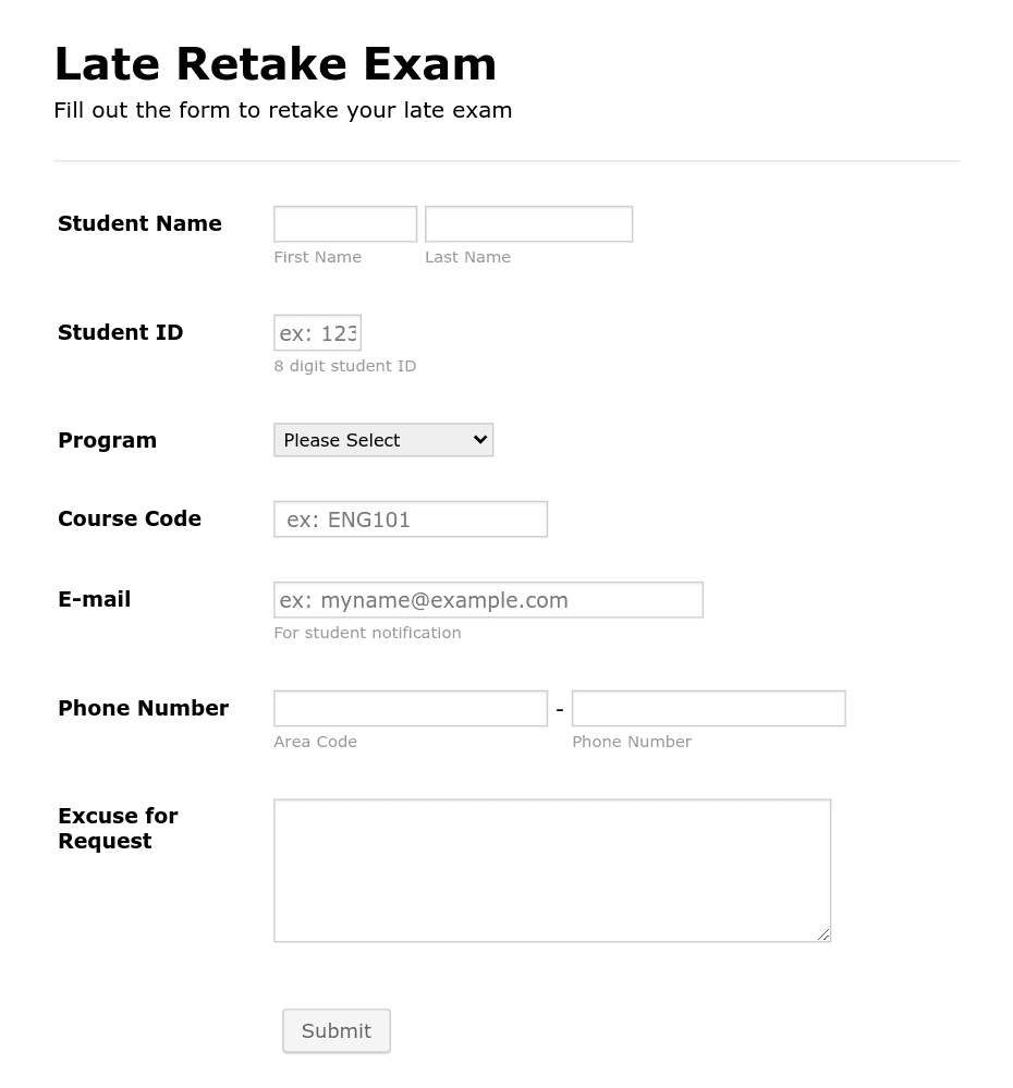 Late Retake Exam Form Template | Jotform