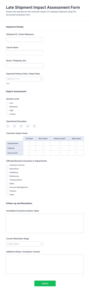 Late Shipment Impact Assessment Form Template
