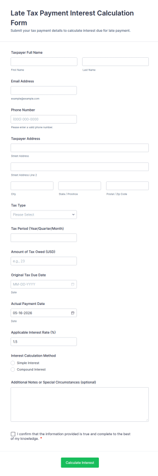 Late Tax Payment Interest Calculation Form Template