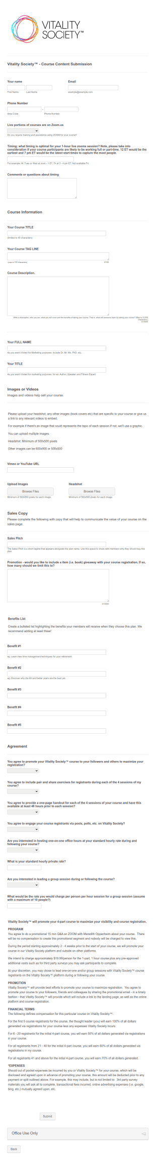 Late Winter 2020 Vitality Society™ Course Content Submission Form Template