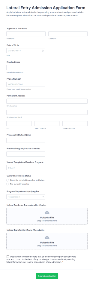 Lateral Entry Admission Application Form Template