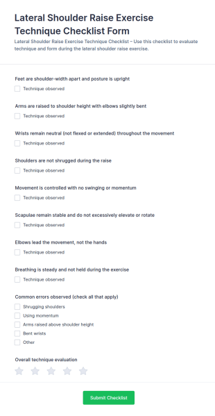Lateral Shoulder Raise Exercise Technique Checklist Form Template