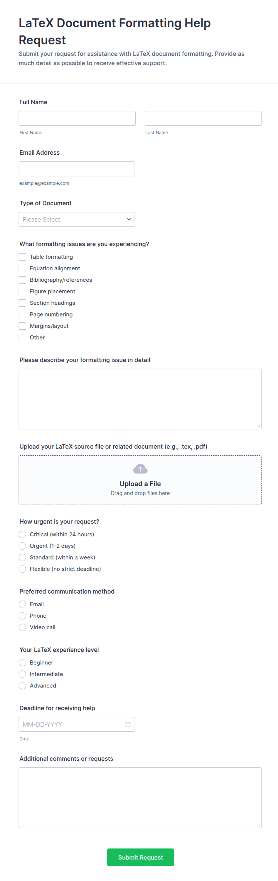 LaTeX Document Formatting Help Request Form Template | Jotform