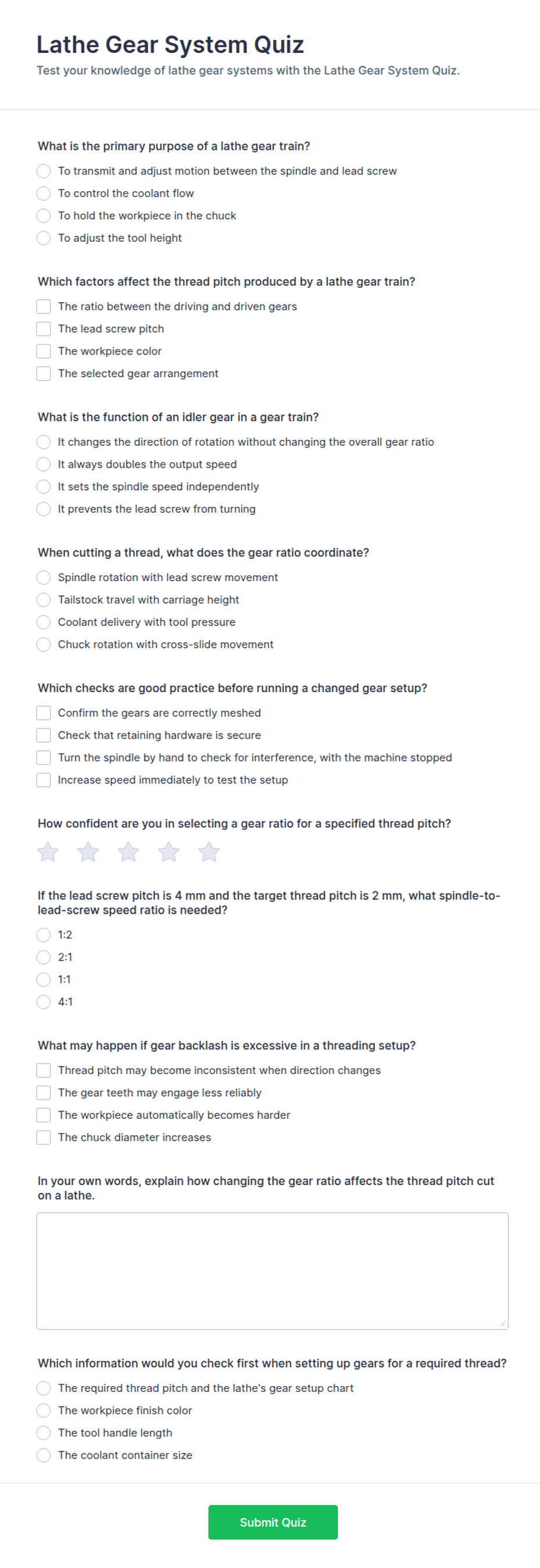 Lathe Gear System Quiz Form Template | Jotform