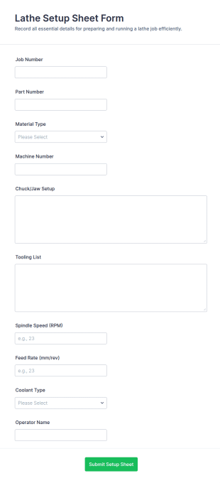 Lathe Setup Sheet Form Template
