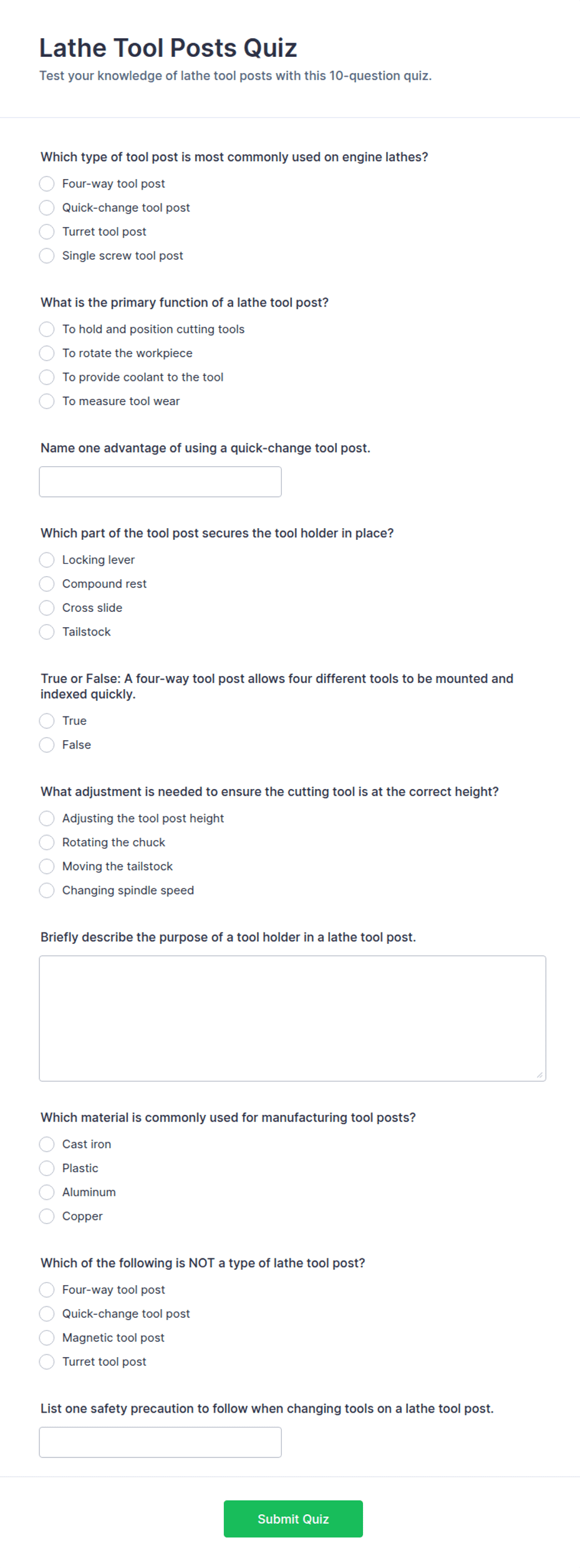 Lathe Tool Posts Quiz Form Template | Jotform