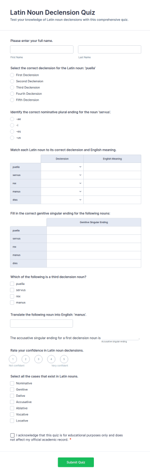 Latin Noun Declension Quiz Form Template