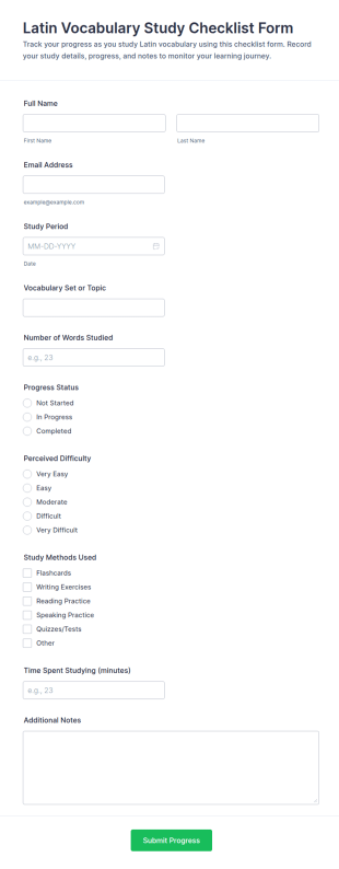 Latin Vocabulary Study Checklist Form Template