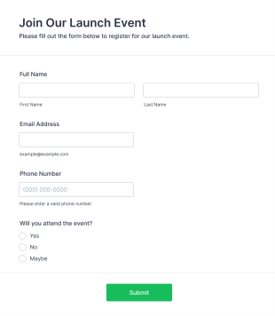Launch Event Registration Form Form Template