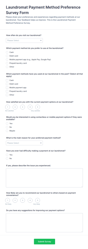 Laundromat Payment Method Preference Survey Form Template