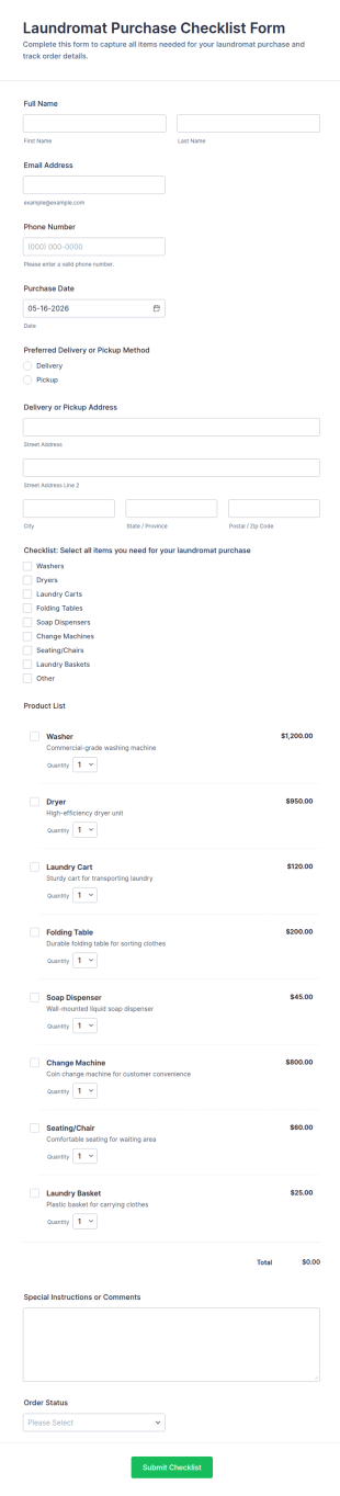 Laundromat Purchase Checklist Form Template