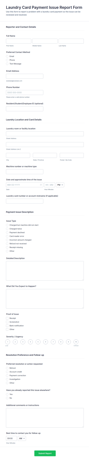 Laundry Card Payment Issue Report Form Template