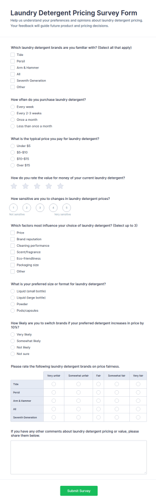 Laundry Detergent Pricing Survey Form Template