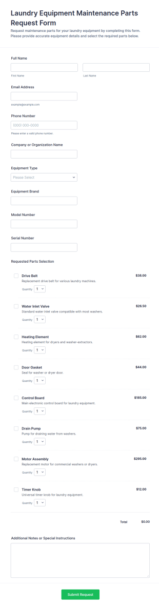 Laundry Equipment Maintenance Parts Request Form Template