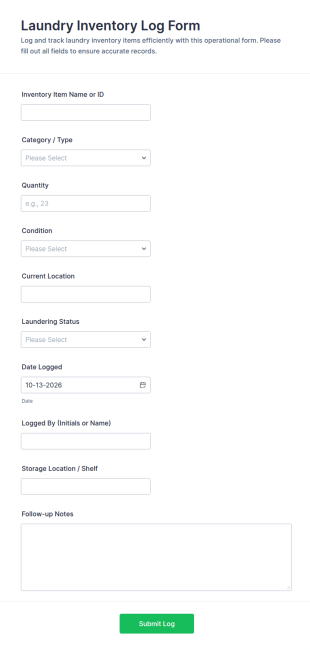 Laundry Inventory Log Form Template