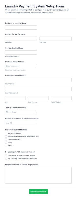 Laundry Payment System Setup Questionnaire Form Template