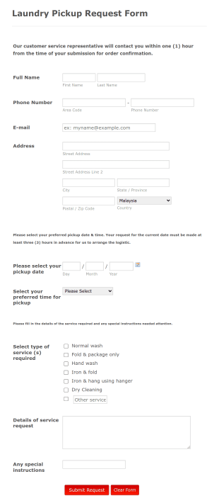 Laundry Pickup Request Form Template