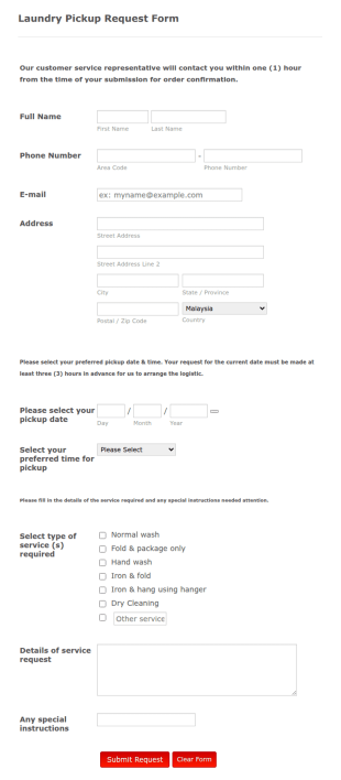 Laundry Pickup Request Form Template
