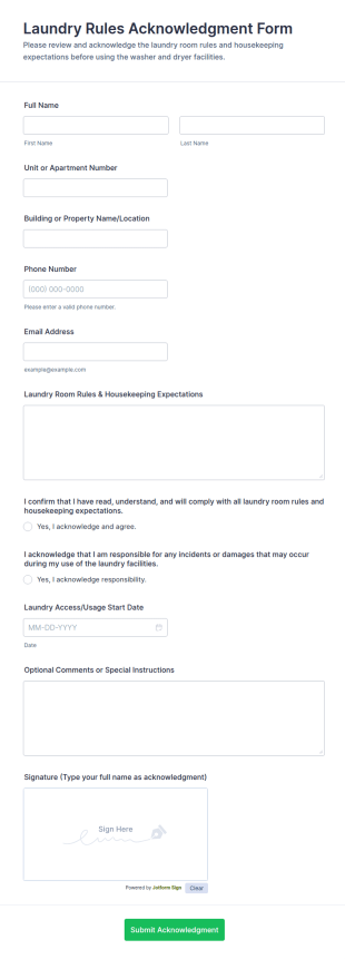 Laundry Rules Acknowledgment Form Template