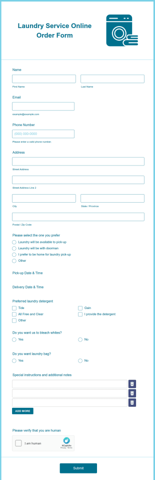 Laundry Service Online Order Form Template