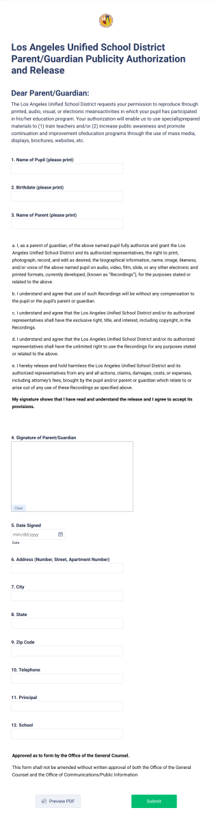 LAUSD Media Release Form (English) Form Template