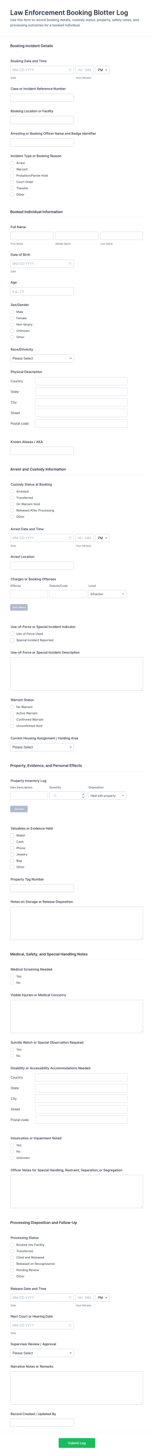 Law Enforcement Booking Blotter Log Form Template