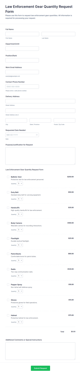 Law Enforcement Gear Quantity Request Form Template