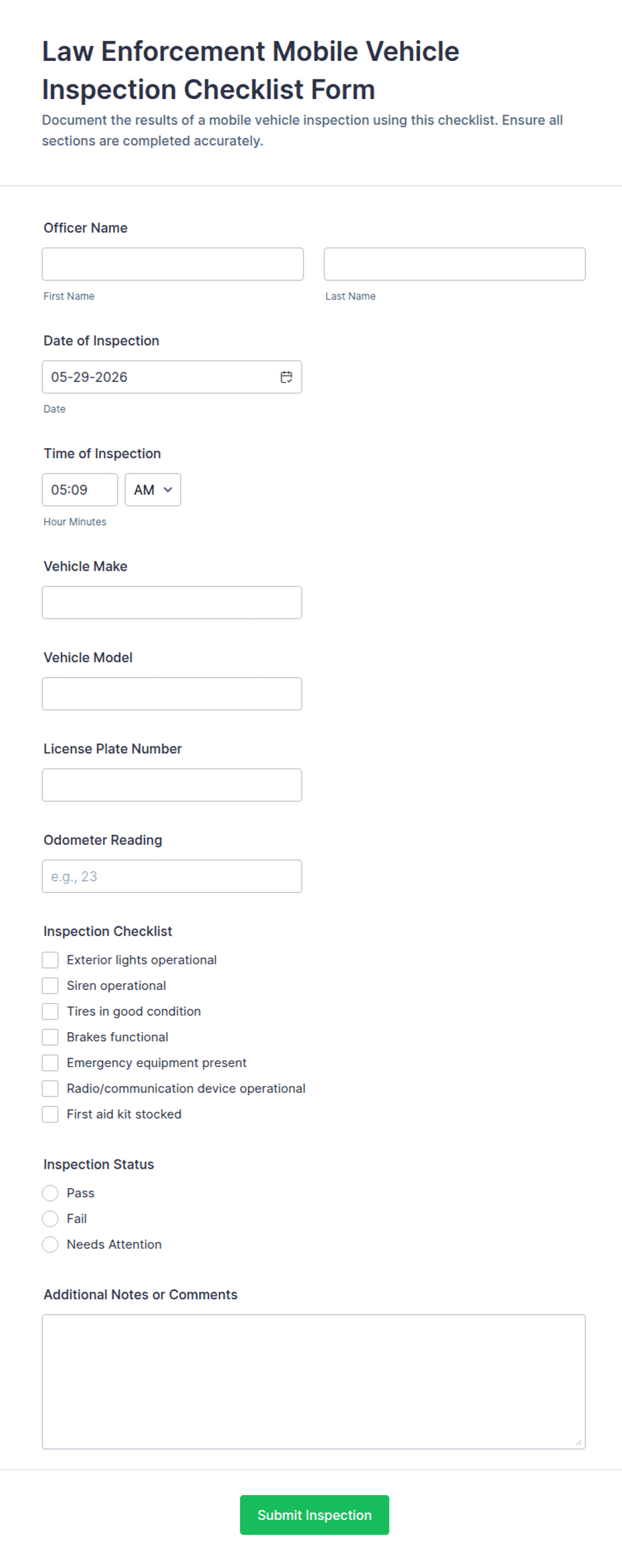 Law Enforcement Mobile Vehicle Inspection Checklist Form Template | Jotform