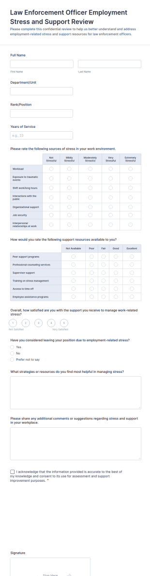 Law Enforcement Officer Employment Stress And Support Review Form Template