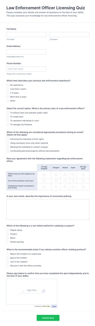 Law Enforcement Officer Licensing Quiz Form Template