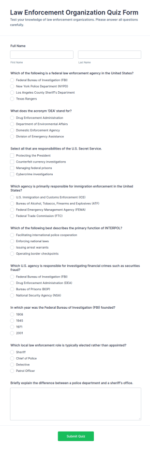 Law Enforcement Organization Quiz Form Template