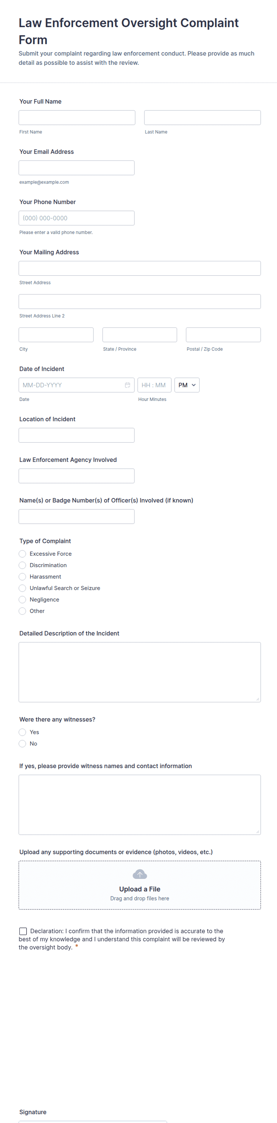 Law Enforcement Oversight Complaint Form Template | Jotform