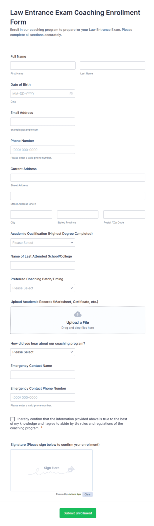 Law Entrance Exam Coaching Enrollment Form Template
