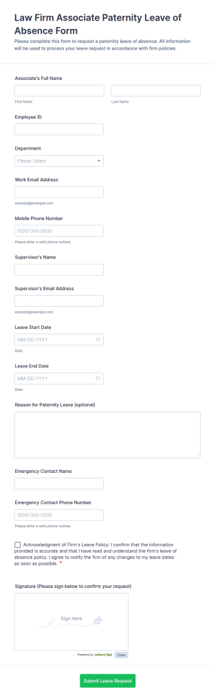 Law Firm Associate Paternity Leave Of Absence Form Template