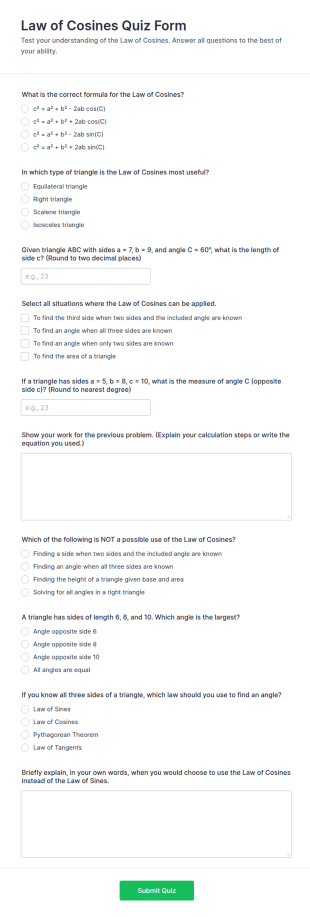 Law Of Cosines Quiz Form Template