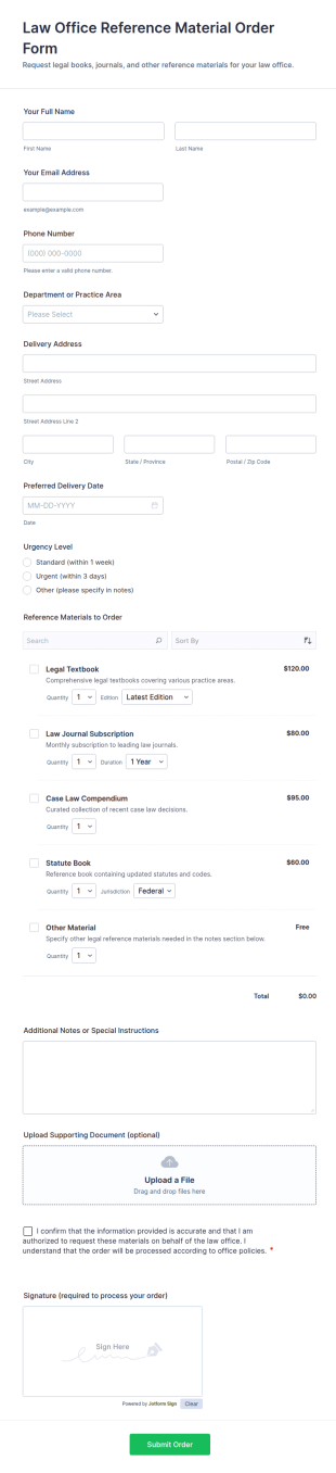 Law Office Reference Material Order Form Template