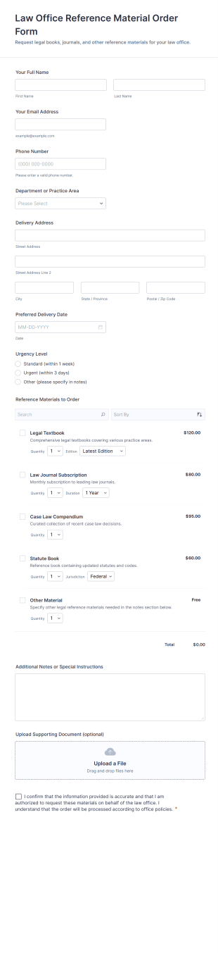 Law Office Reference Material Order Form Template